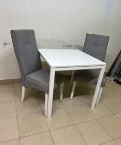 A square white dining table with two chairs - Image 7