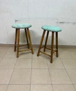 Two wooden bar stools with oval seats upholstered in light turquoise fabric and decorated with nail-like edges. - Image 3