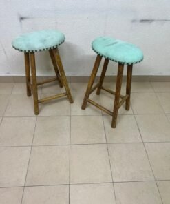 Two wooden bar stools with oval seats upholstered in light turquoise fabric and decorated with nail-like edges. - Image 6