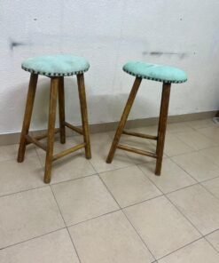 Two wooden bar stools with oval seats upholstered in light turquoise fabric and decorated with nail-like edges. - Image 7