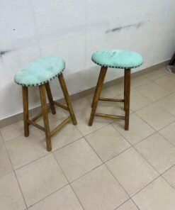 Two wooden bar stools with oval seats upholstered in light turquoise fabric and decorated with nail-like edges. - Image 8