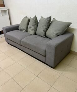 A gray fabric sofa with three seats and a rectangular design, equipped with four olive green back cushions. - Image 6
