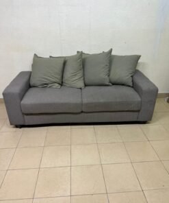 A gray fabric sofa with three seats and a rectangular design, equipped with four olive green back cushions. - Image 2