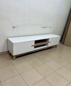 This is a modern TV table with a white design and medium-sized wooden shelves with low legs. - Image 2