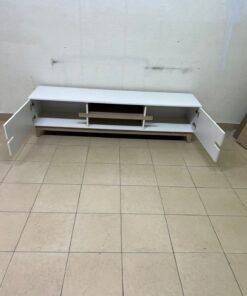 This is a modern TV table with a white design and medium-sized wooden shelves with low legs. - Image 3