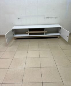 This is a modern TV table with a white design and medium-sized wooden shelves with low legs. - Image 4