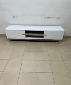 This is a modern TV table with a white design and medium-sized wooden shelves with low legs.