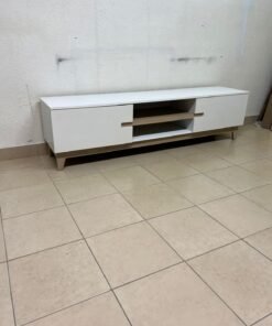 This is a modern TV table with a white design and medium-sized wooden shelves with low legs. - Image 7