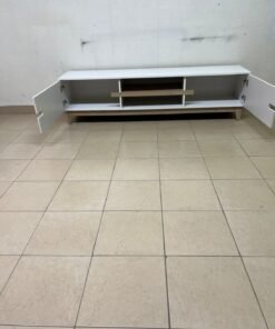 This is a modern TV table with a white design and medium-sized wooden shelves with low legs. - Image 8