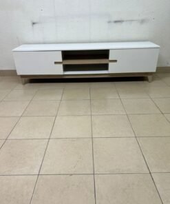 This is a modern TV table with a white design and medium-sized wooden shelves with low legs. - Image 9