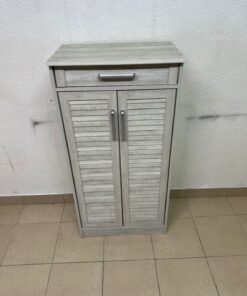 A wooden shoe cabinet (shoe rack) with a modern design in light gray or pale wood color, with two drawers or two doors with slides (slide doors) and a top handle for a small drawer. - Image 2