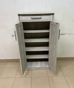 A wooden shoe cabinet (shoe rack) with a modern design in light gray or pale wood color, with two drawers or two doors with slides (slide doors) and a top handle for a small drawer. - Image 3