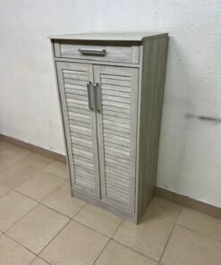 A wooden shoe cabinet (shoe rack) with a modern design in light gray or pale wood color, with two drawers or two doors with slides (slide doors) and a top handle for a small drawer. - Image 6