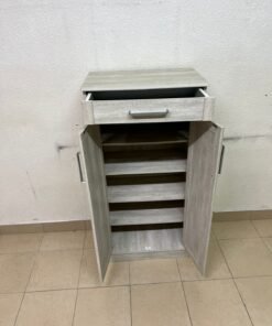 A wooden shoe cabinet (shoe rack) with a modern design in light gray or pale wood color, with two drawers or two doors with slides (slide doors) and a top handle for a small drawer. - Image 7