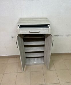 A wooden shoe cabinet (shoe rack) with a modern design in light gray or pale wood color, with two drawers or two doors with slides (slide doors) and a top handle for a small drawer. - Image 10
