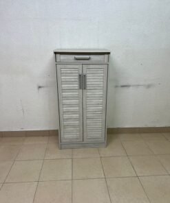 A wooden shoe cabinet (shoe rack) with a modern design in light gray or pale wood color, with two drawers or two doors with slides (slide doors) and a top handle for a small drawer. - Image 12