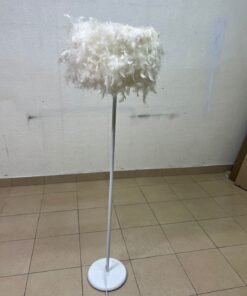 A modern floor lamp featuring a stylish cylindrical shade made of soft white feathers with a white metal base and pole. - Image 2