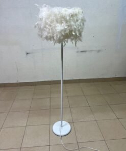 A modern floor lamp featuring a stylish cylindrical shade made of soft white feathers with a white metal base and pole. - Image 6