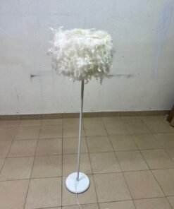 A modern floor lamp featuring a stylish cylindrical shade made of soft white feathers with a white metal base and pole. - Image 8