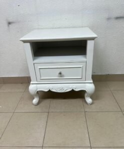 Classic White Vintage Nightstand / Bedside Table – Antique Style with Open Shelf, Storage Drawer & Rose Carved Legs - Image 2