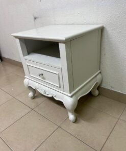 Classic White Vintage Nightstand / Bedside Table – Antique Style with Open Shelf, Storage Drawer & Rose Carved Legs - Image 3