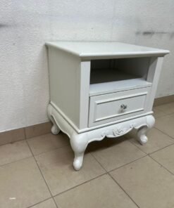 Classic White Vintage Nightstand / Bedside Table – Antique Style with Open Shelf, Storage Drawer & Rose Carved Legs - Image 4