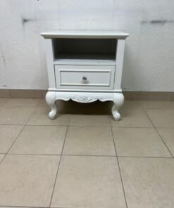 Classic White Vintage Nightstand / Bedside Table – Antique Style with Open Shelf, Storage Drawer & Rose Carved Legs