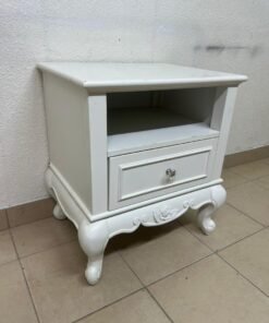 Classic White Vintage Nightstand / Bedside Table – Antique Style with Open Shelf, Storage Drawer & Rose Carved Legs - Image 8