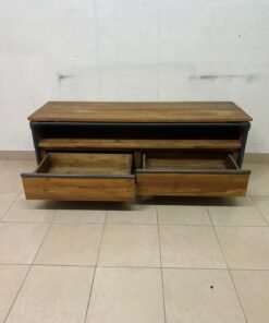 Rustic Industrial Wooden TV Stand / Media Console – Natural Wood Finish with Black Pipe Metal Frame, Open Shelf & 2 Drawers - Image 2