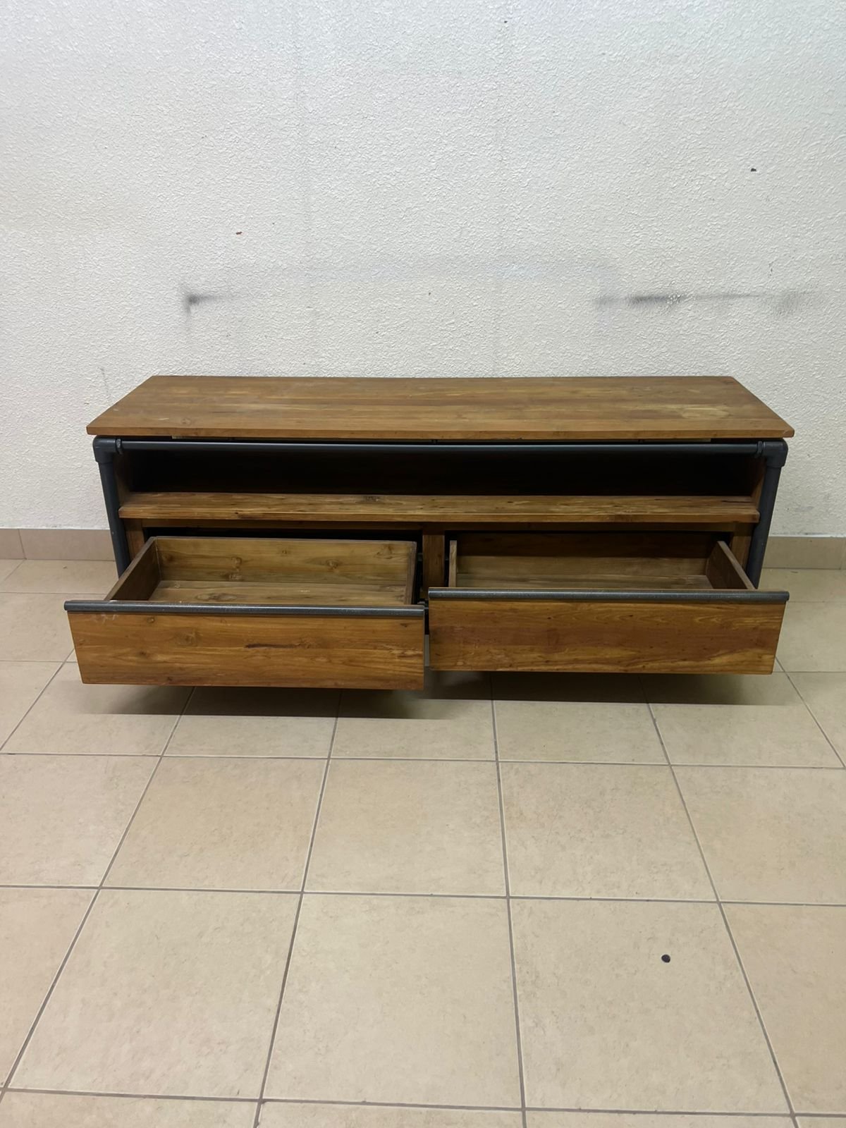 Rustic Industrial Wooden TV Stand / Media Console – Natural Wood Finish with Black Pipe Metal Frame, Open Shelf & 2 Drawers - Image 2