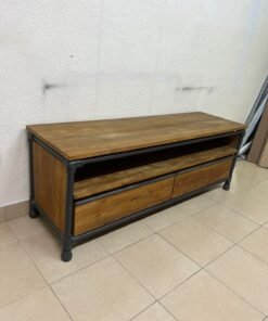 Rustic Industrial Wooden TV Stand / Media Console – Natural Wood Finish with Black Pipe Metal Frame, Open Shelf & 2 Drawers - Image 3