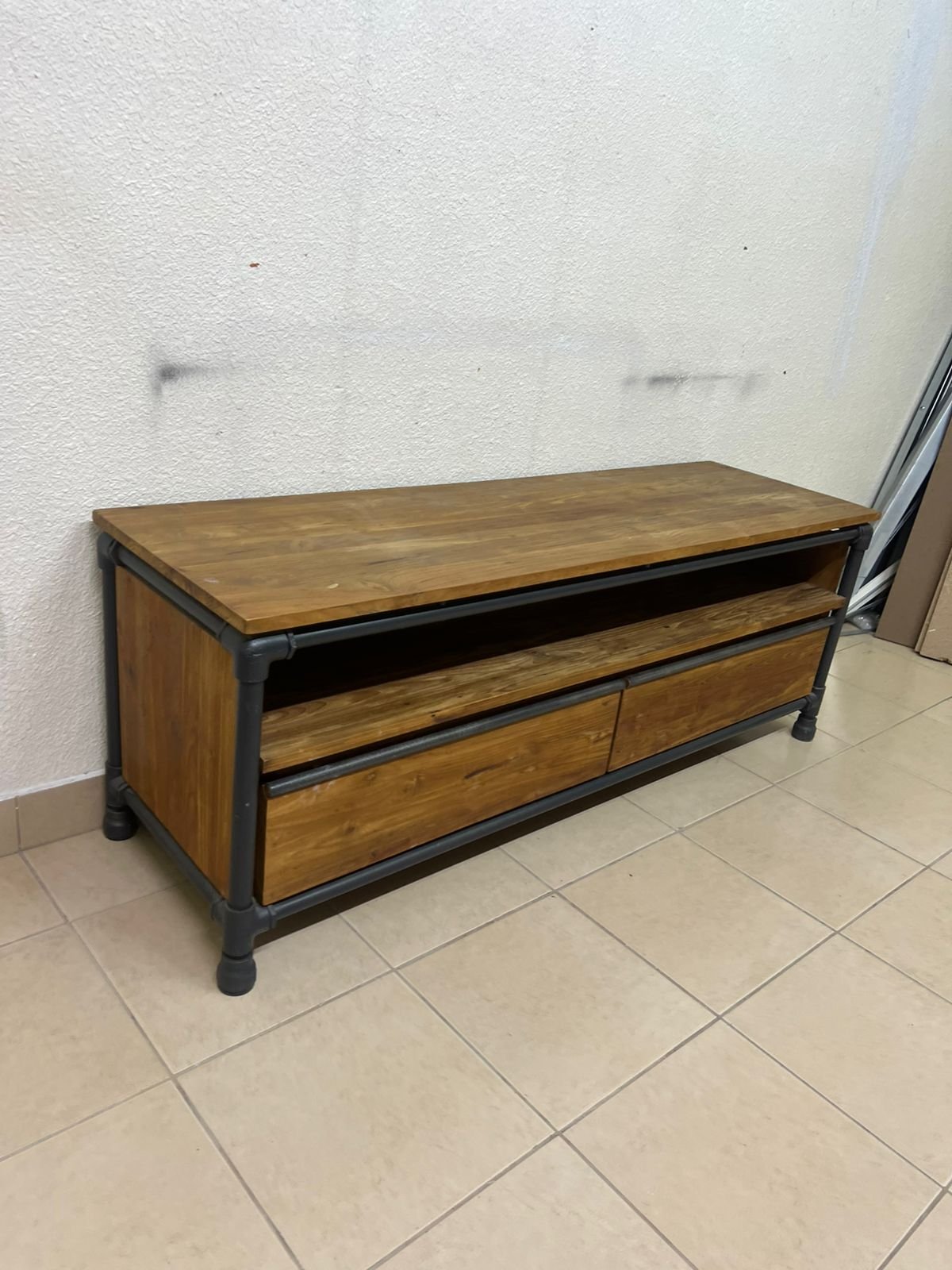 Rustic Industrial Wooden TV Stand / Media Console – Natural Wood Finish with Black Pipe Metal Frame, Open Shelf & 2 Drawers - Image 3