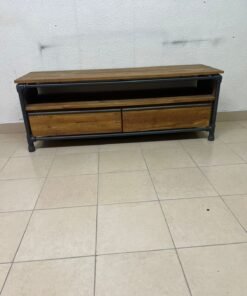 Rustic Industrial Wooden TV Stand / Media Console – Natural Wood Finish with Black Pipe Metal Frame, Open Shelf & 2 Drawers - Image 4