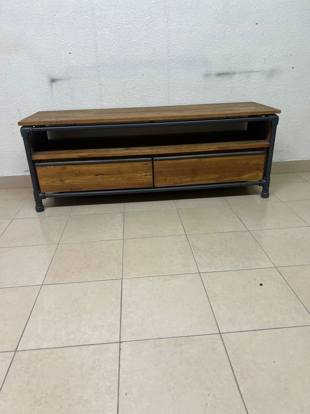 Rustic Industrial Wooden TV Stand / Media Console – Natural Wood Finish with Black Pipe Metal Frame, Open Shelf & 2 Drawers - Image 4