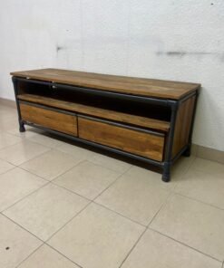Rustic Industrial Wooden TV Stand / Media Console – Natural Wood Finish with Black Pipe Metal Frame, Open Shelf & 2 Drawers - Image 5