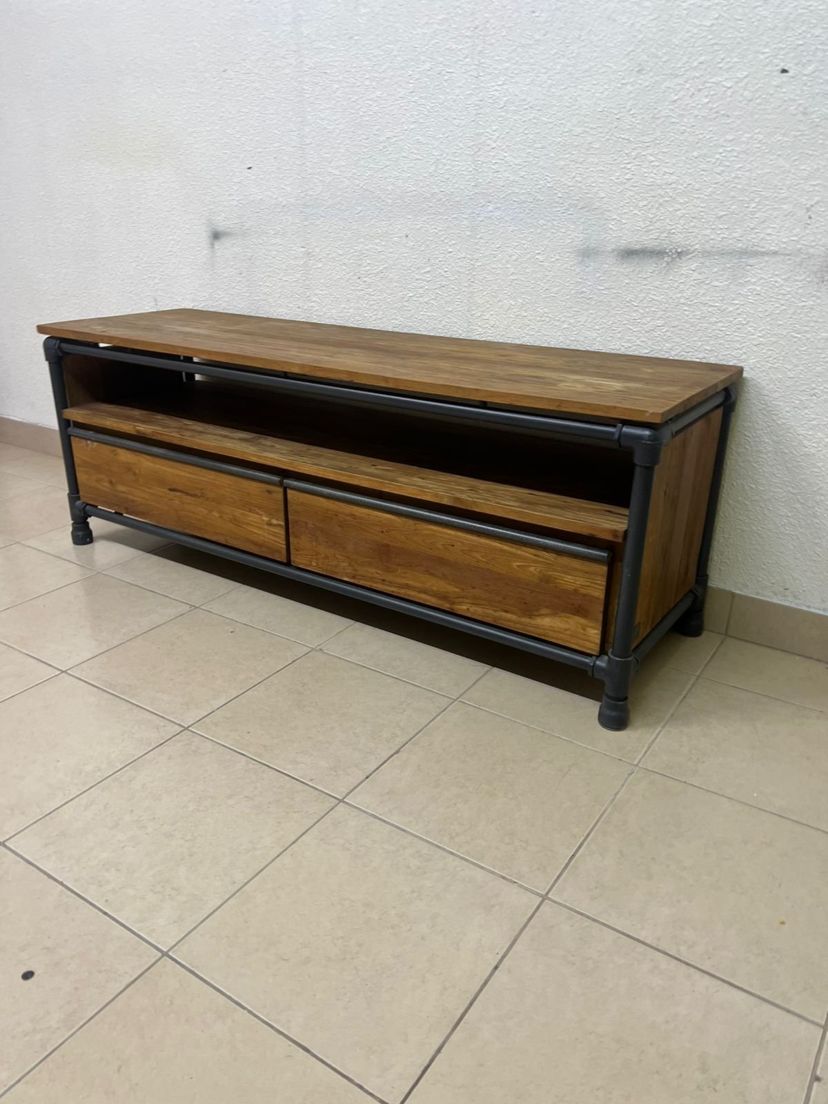 Rustic Industrial Wooden TV Stand / Media Console – Natural Wood Finish with Black Pipe Metal Frame, Open Shelf & 2 Drawers - Image 5