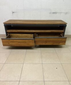 Rustic Industrial Wooden TV Stand / Media Console – Natural Wood Finish with Black Pipe Metal Frame, Open Shelf & 2 Drawers - Image 6