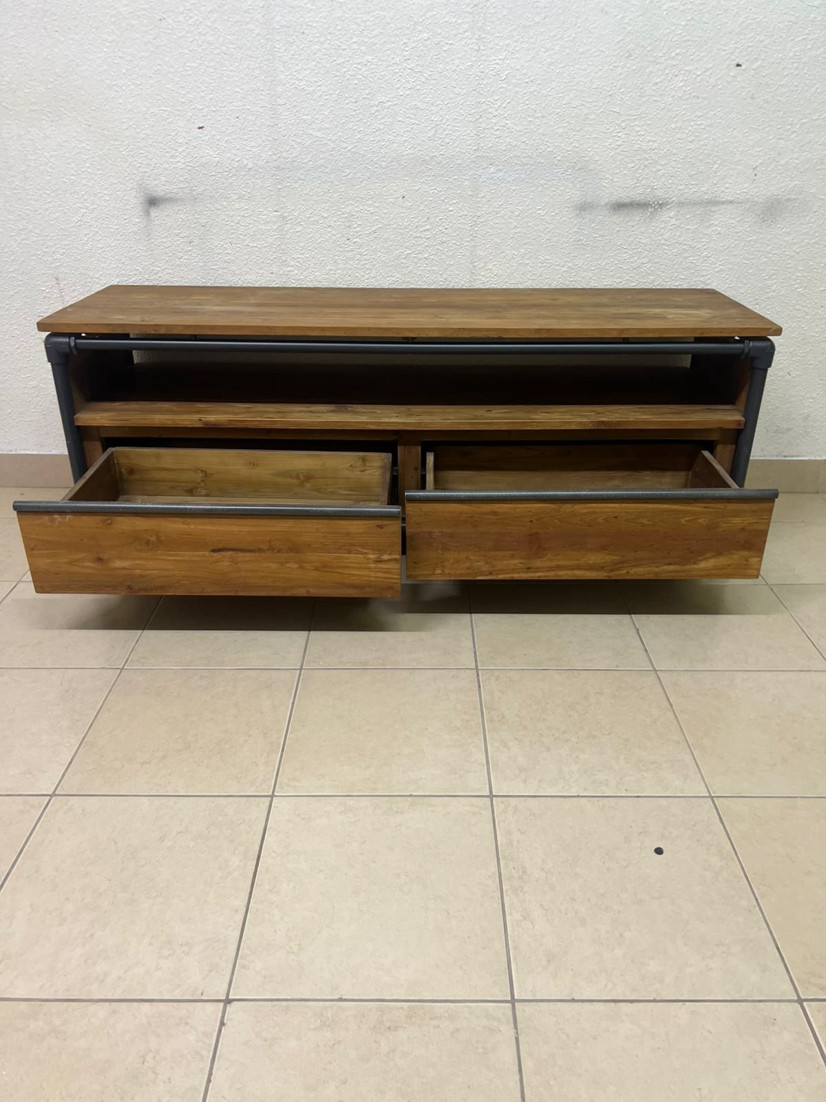 Rustic Industrial Wooden TV Stand / Media Console – Natural Wood Finish with Black Pipe Metal Frame, Open Shelf & 2 Drawers - Image 6