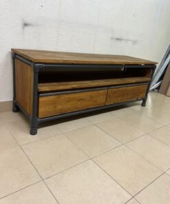 Rustic Industrial Wooden TV Stand / Media Console – Natural Wood Finish with Black Pipe Metal Frame, Open Shelf & 2 Drawers - Image 7