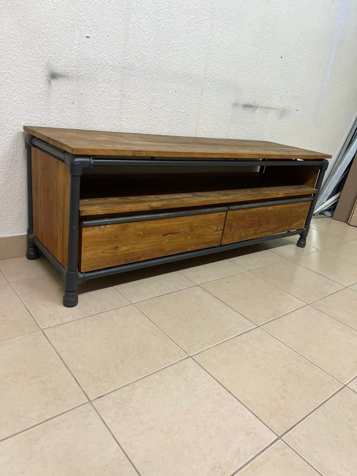 Rustic Industrial Wooden TV Stand / Media Console – Natural Wood Finish with Black Pipe Metal Frame, Open Shelf & 2 Drawers - Image 7