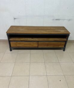 Rustic Industrial Wooden TV Stand / Media Console – Natural Wood Finish with Black Pipe Metal Frame, Open Shelf & 2 Drawers - Image 8