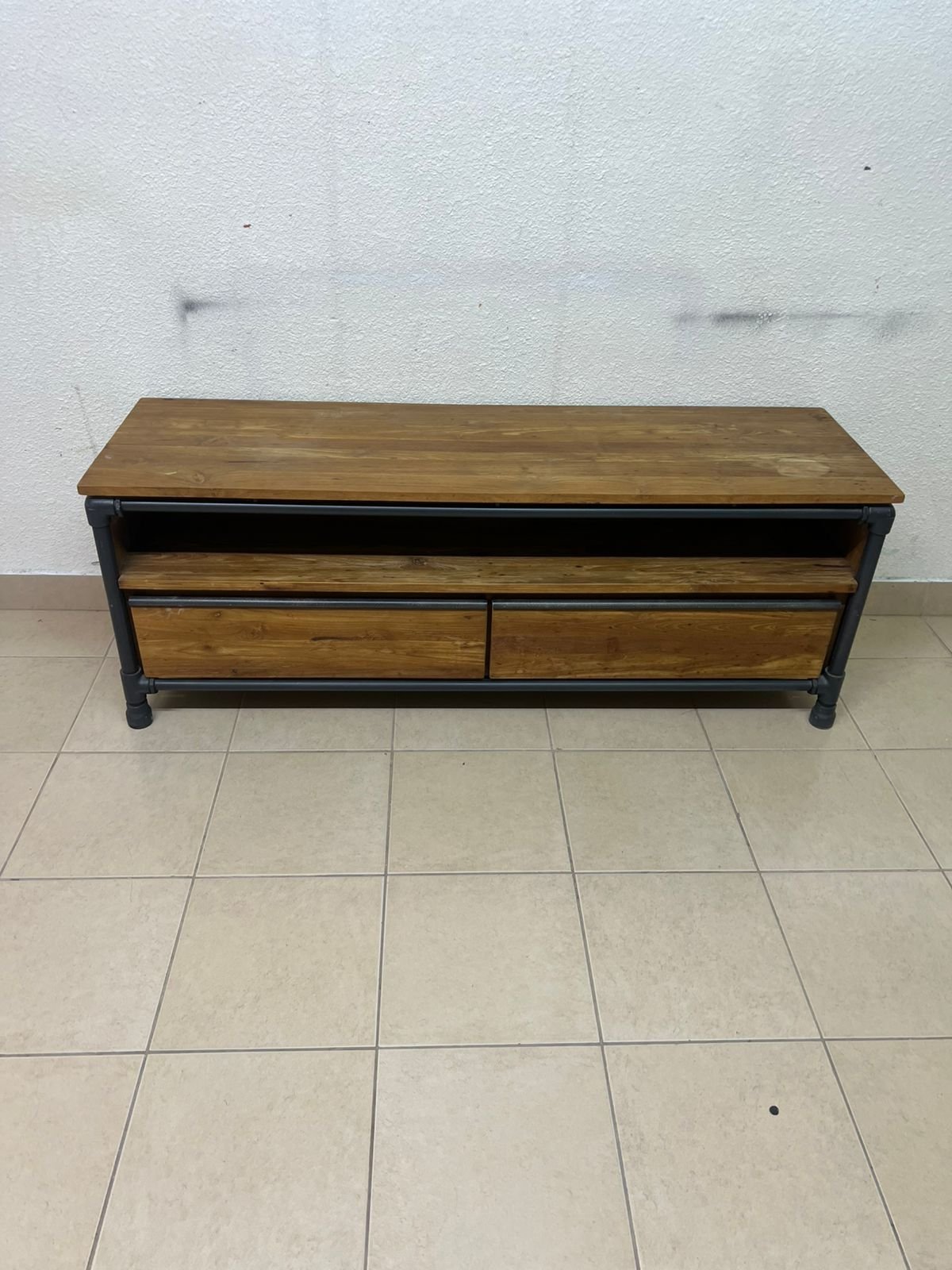 Rustic Industrial Wooden TV Stand / Media Console – Natural Wood Finish with Black Pipe Metal Frame, Open Shelf & 2 Drawers - Image 8