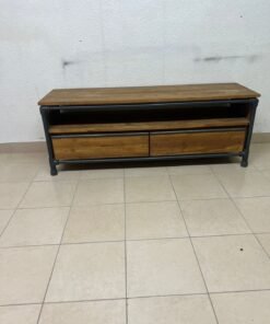 Rustic Industrial Wooden TV Stand / Media Console – Natural Wood Finish with Black Pipe Metal Frame, Open Shelf & 2 Drawers