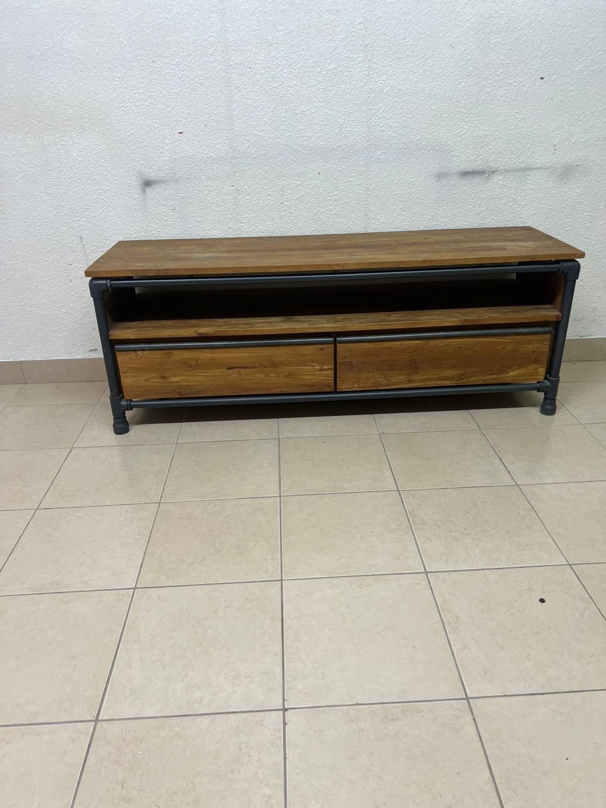 Rustic Industrial Wooden TV Stand / Media Console – Natural Wood Finish with Black Pipe Metal Frame, Open Shelf & 2 Drawers