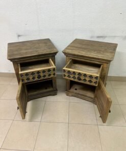 Set of 2 Rustic Carved Wooden Nightstands – Antique Brown Finish with Intricate Geometric Lattice Panel & Storage Cabinet - Image 2