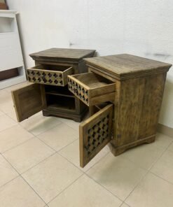 Set of 2 Rustic Carved Wooden Nightstands – Antique Brown Finish with Intricate Geometric Lattice Panel & Storage Cabinet - Image 3