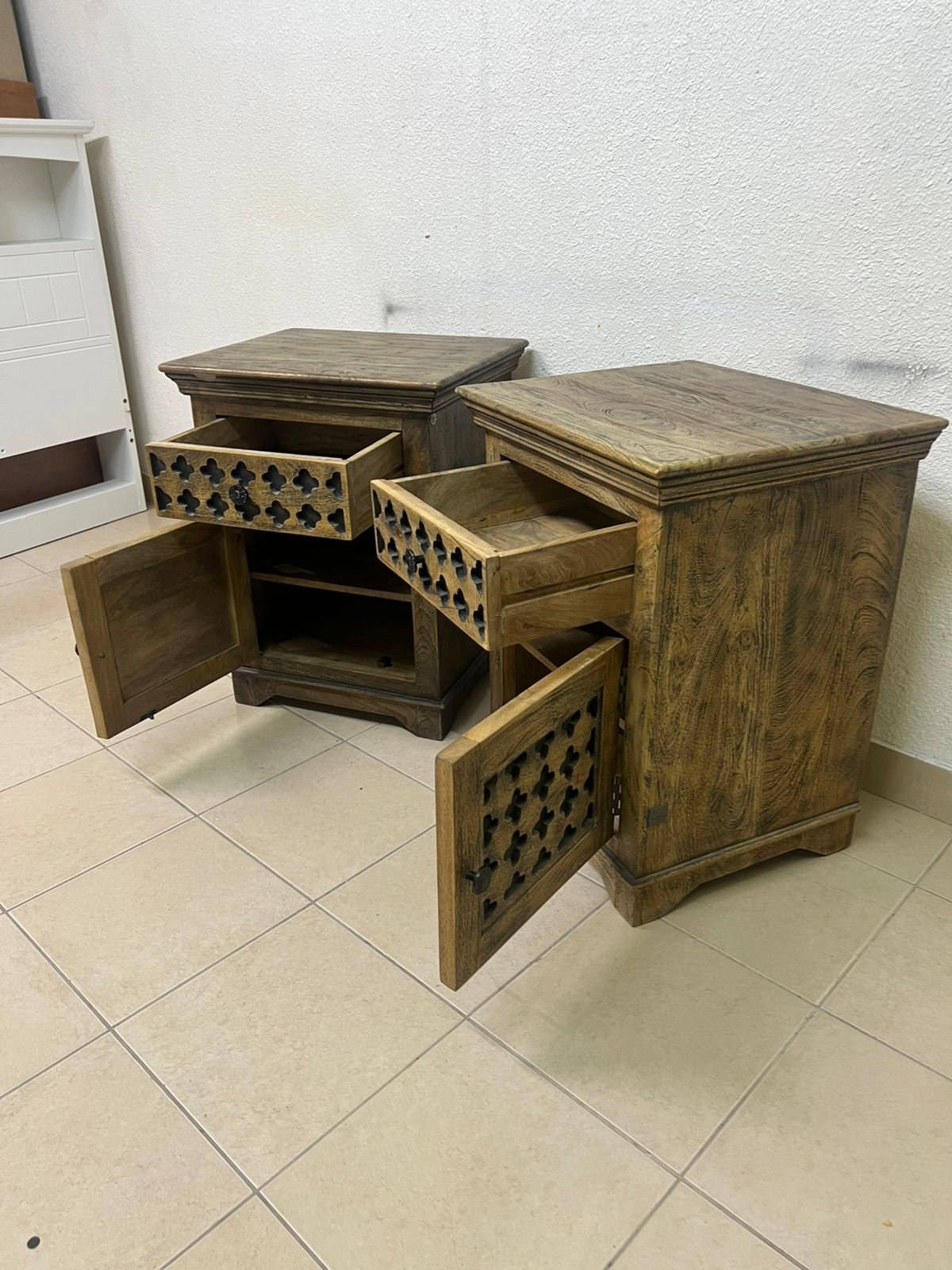 Set of 2 Rustic Carved Wooden Nightstands – Antique Brown Finish with Intricate Geometric Lattice Panel & Storage Cabinet - Image 3