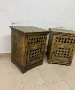 Set of 2 Rustic Carved Wooden Nightstands – Antique Brown Finish with Intricate Geometric Lattice Panel & Storage Cabinet - Image 4