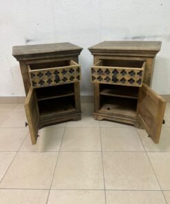 Set of 2 Rustic Carved Wooden Nightstands – Antique Brown Finish with Intricate Geometric Lattice Panel & Storage Cabinet - Image 5