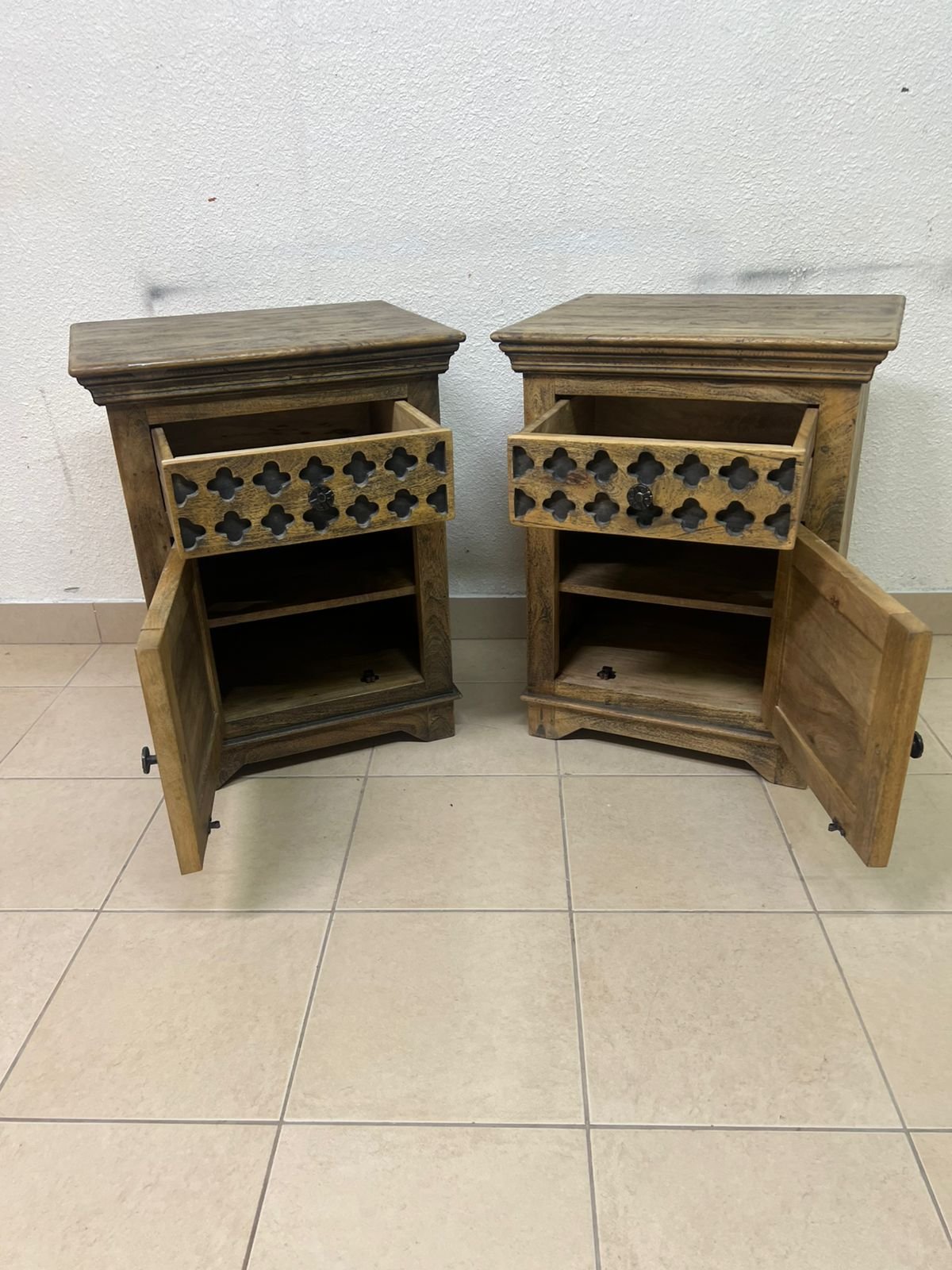 Set of 2 Rustic Carved Wooden Nightstands – Antique Brown Finish with Intricate Geometric Lattice Panel & Storage Cabinet - Image 5